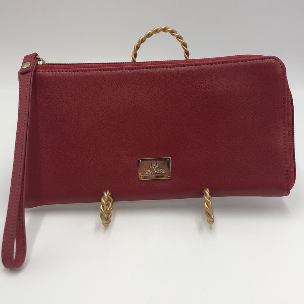 Like New Red JM New York wristlet clutch w/ zip around closure and inner pockets